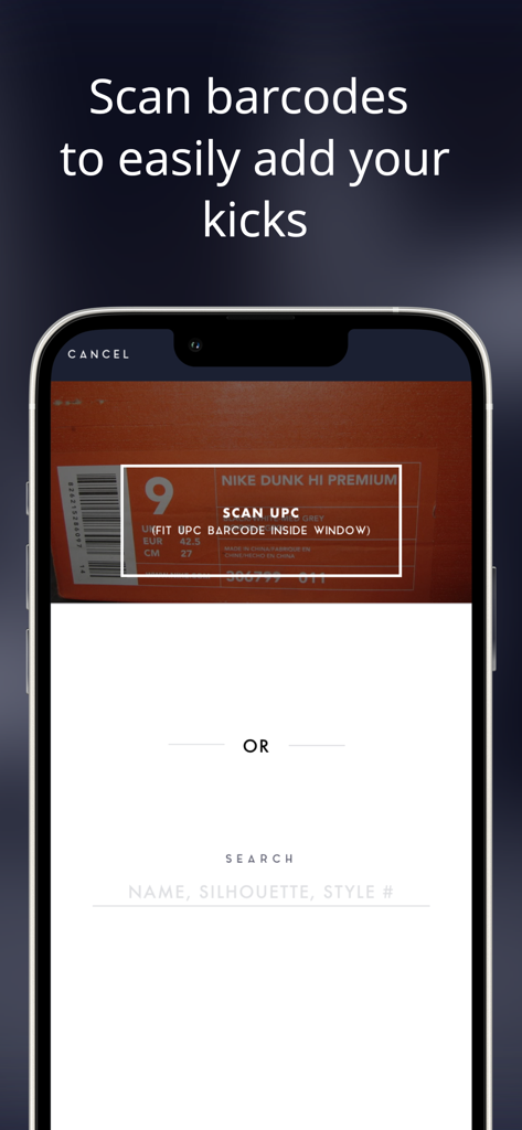 Smartphone screen showing the Unboxed app barcode scanner feature used to add sneakers to a digital collection by scanning shoe box labels.