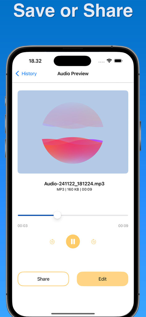 Interface of Music Speed Changer app showing an audio preview with options to share or edit