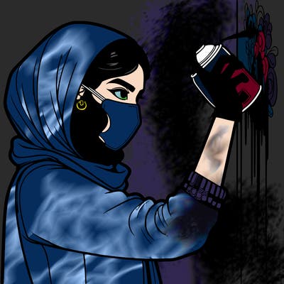 realistic girl with mask spray painting a wall