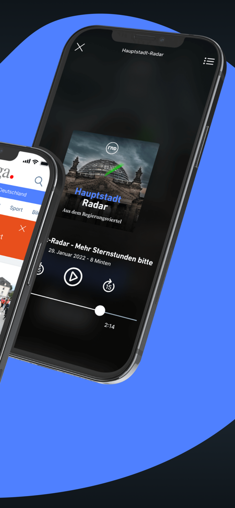 RGA – Nachrichten und Podcast - RGA app interface showing a podcast player and news feed on two iPhones