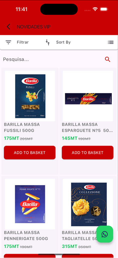 SPAR VIP - Mobile shopping screen of SPAR VIP app featuring Barilla pasta products with prices in MT.