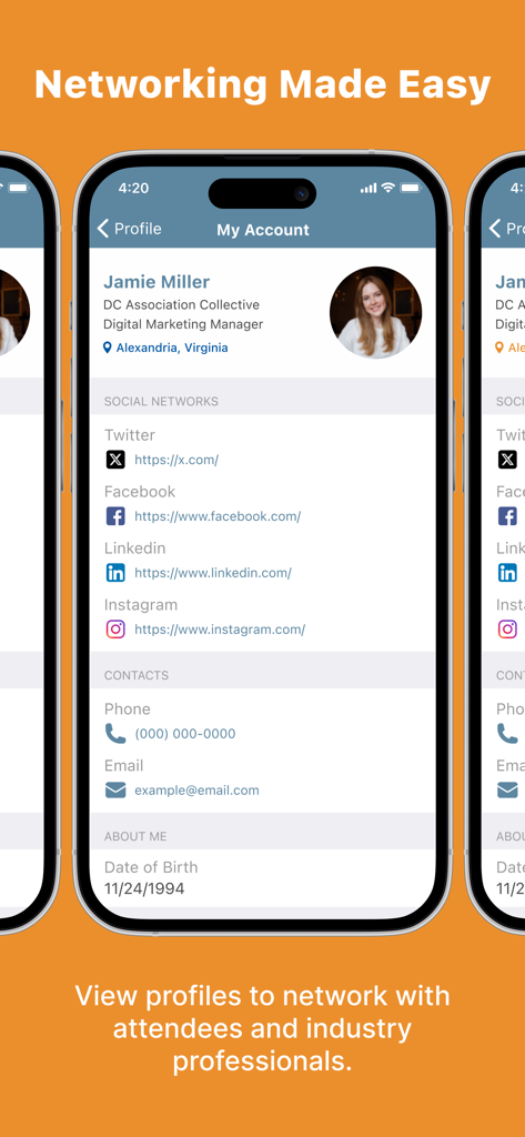 AMTConnect - A smartphone screen from the AMTConnect app showing a user profile for networking with healthcare industry professionals.