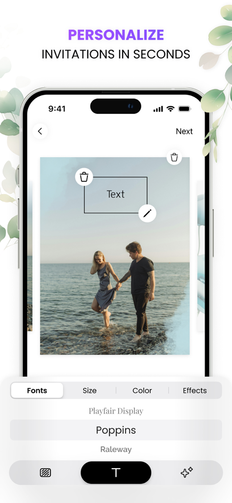 Invitation Maker: AI Invite - A mobile app interface showing a wedding invitation being personalized with a photo of a couple and custom typography options.