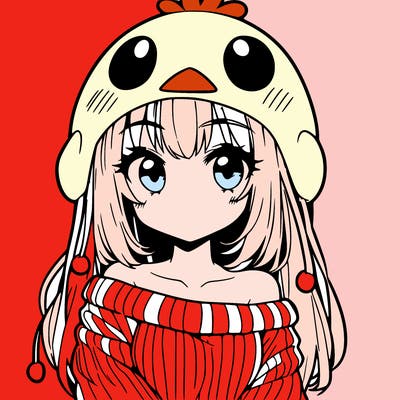anime girl with chick shaped hat with sweater with bare shoulders with bangs covering them one eye with low tail