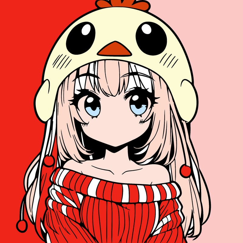 anime girl with chick shaped hat with sweater with bare shoulders with bangs covering them one eye with low tail