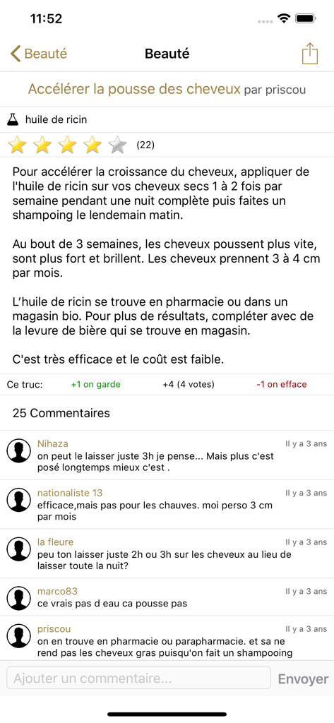 A mobile app interface displaying a natural hair growth tip using castor oil with user ratings and community comments.