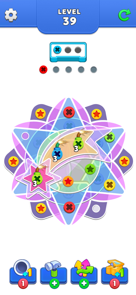 Gameplay screenshot of Unscrew Puzzle Pin Jam showing colorful glass shapes and bolts to unscrew and sort on Level 39.