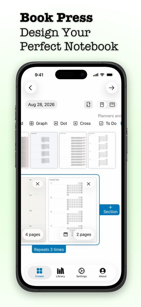Penbook Pencil Notebook - Interface of Penbook app showing the notebook design tool with various stationery templates and planner layouts