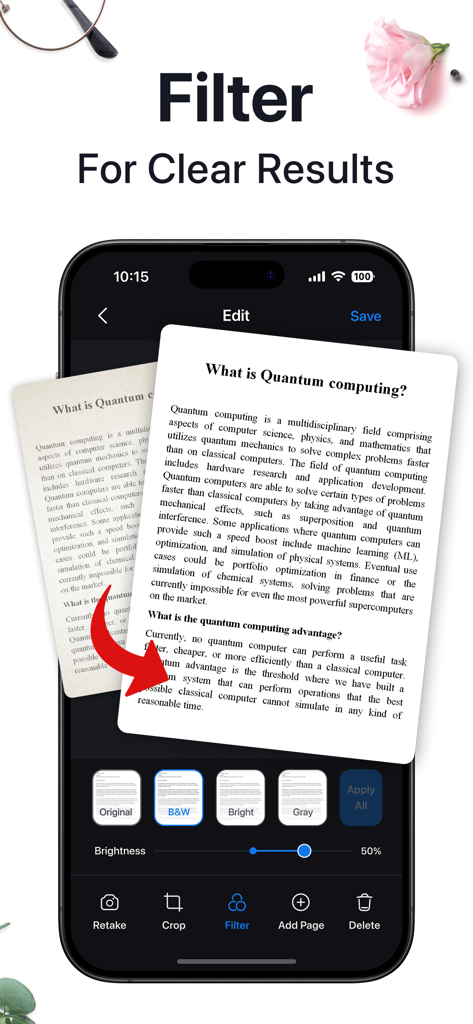 プロフェッショナルなPDFのためにスキャン画像を鮮明にするためのドキュメントフィルターを表示するモバイルアプリインターフェイス