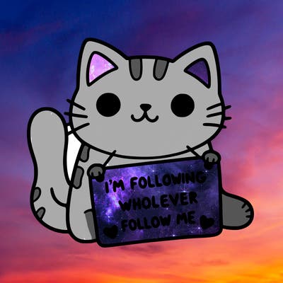 cat with a sign that says i’m following whoever follows me
