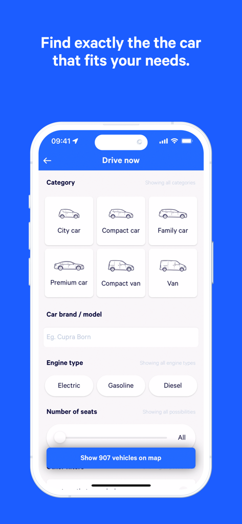 Interface of the Hyre app showing car rental filter options including vehicle category engine type and seat count