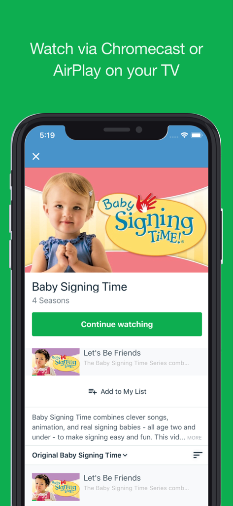 My Signing Time app interface showing baby sign language videos and TV casting options