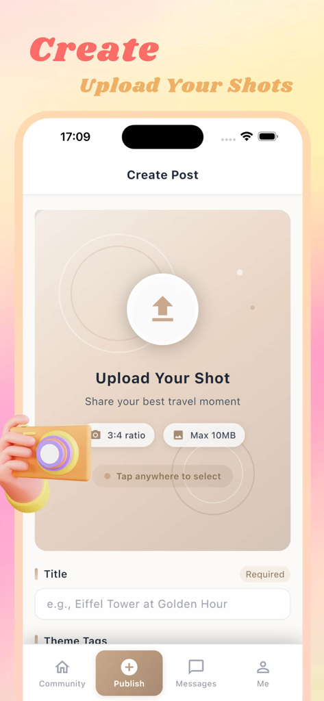 Rushe - The Create Post screen of the Rushe travel photography app showing an upload button and a title field for sharing travel shots.