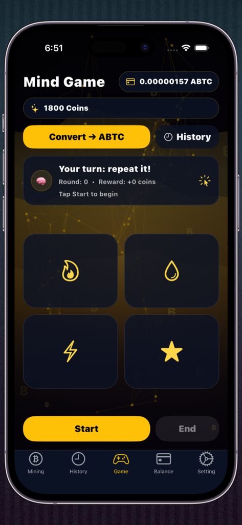 Bitcoin Mining - Alpha BTC - Mind Game-Oberfläche in der Alpha BTC-App zeigt Symbole für Feuer, Wasser, Blitz und Stern zum Verdienen virtueller Belohnungen
