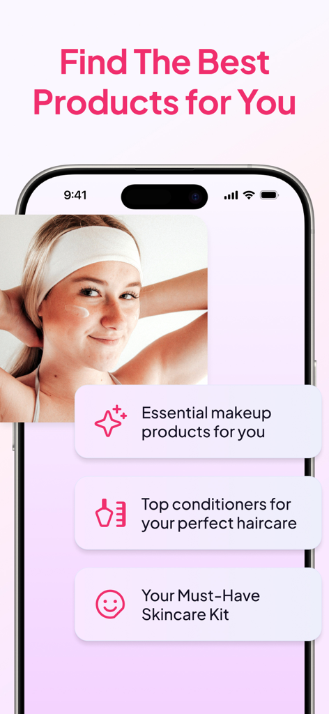 GlowX: AI Beauty & Makeup Tips - A smartphone screen from the GlowX app displaying personalized product recommendations for makeup, haircare, and skincare.