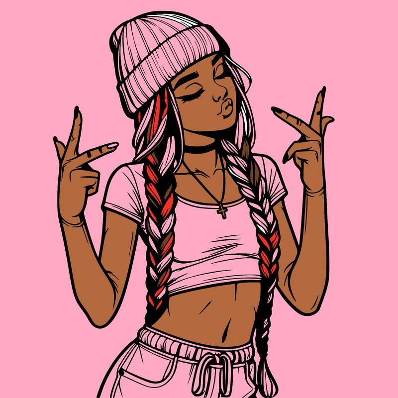 realistic teenage girl with braids and a beanie and crop top doing 🫶🏼