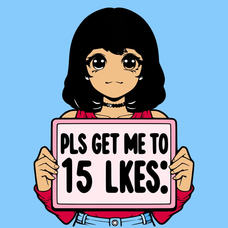 realistic girl holding up a sign that says “pls get me to 15 likes!”
