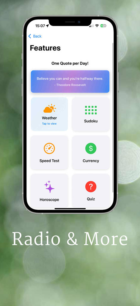 Features screen of the Jamaica Radio Live app showing utility tools like Weather, Sudoku, and Horoscope.