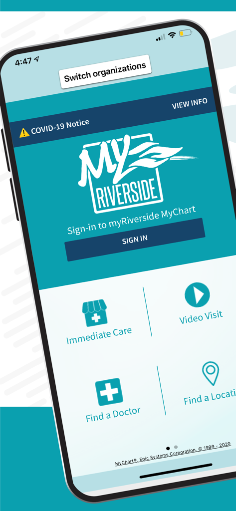 Sign-in screen of the myRiverside MyChart app showing options for immediate care, video visits, and finding a doctor.