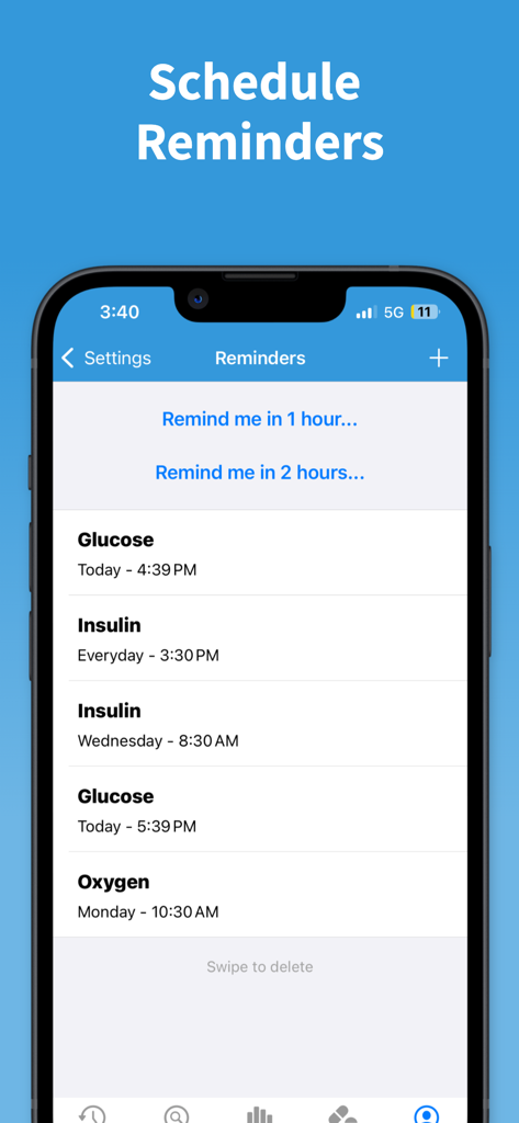 Glucose | Blood Sugar Tracker - Mobile app interface for scheduling blood sugar and insulin reminders