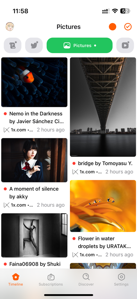 A mobile app interface displaying a curated noise-free feed of high-quality professional photography in a grid layout.