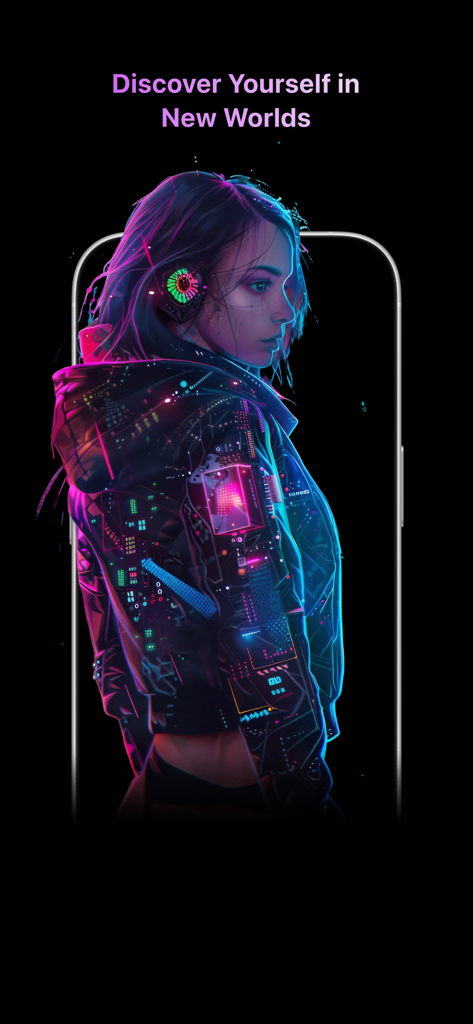 PicsArt: Turn Photos to AI Art - Retrato ciberpunk generado por IA de una mujer con luces de neón en la pantalla de un smartphone