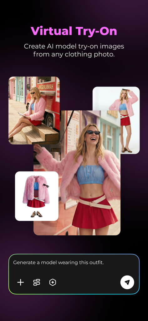 AI virtual try-on feature generating lifestyle images of a model wearing a pink fur coat and red skirt from a clothing photo