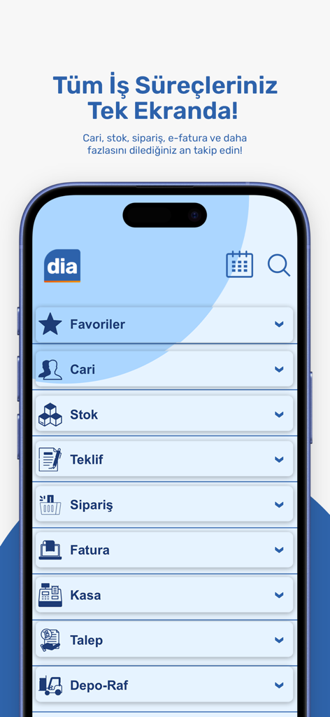DİA Mobil app dashboard displaying business management modules like stock orders and invoices on a mobile screen