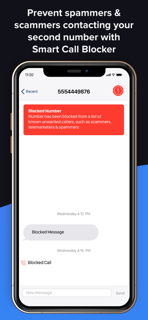 Interface of the Another Number app showing blocked spam calls and messages with the Smart Call Blocker feature.