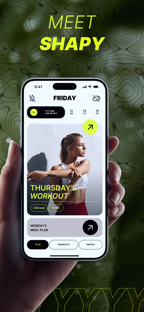 Hand holding an iPhone displaying the Shapy fitness app interface with workout and meal plan options