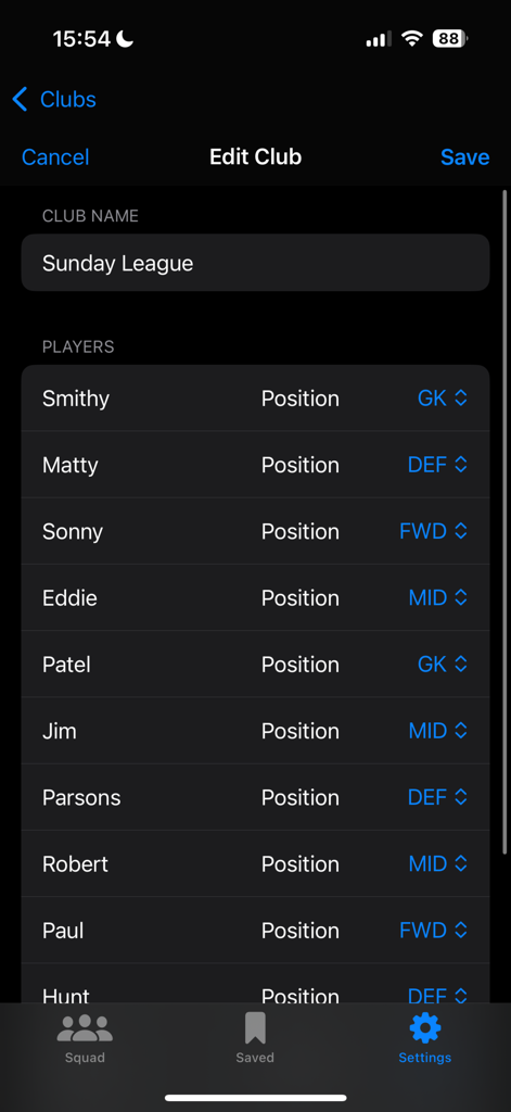 Squad11 - Lineup Builder - Interface for editing a club roster and assigning player positions in the Squad11 app