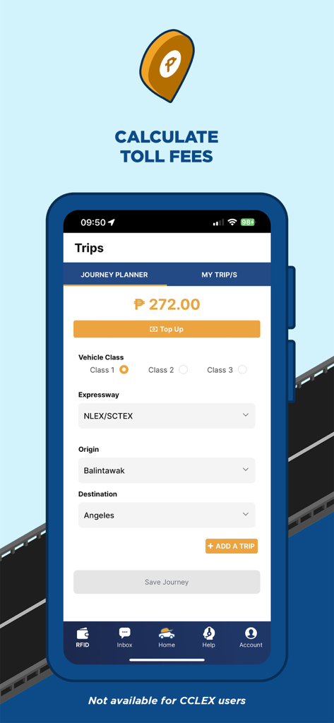 MPT DriveHub - Pantalla de la aplicación MPT DriveHub que muestra la calculadora de tarifas de peaje para viajes en autopistas filipinas.