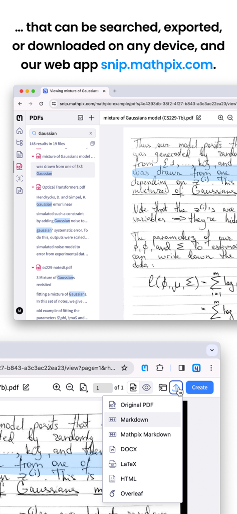 The Mathpix Snip web app interface showing searchable handwritten notes and a menu of export formats including LaTeX and Markdown