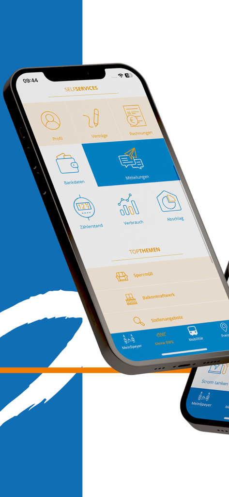 Mein Speyer - Smartphone screen displaying self-service utility options and local topics in the Mein Speyer app