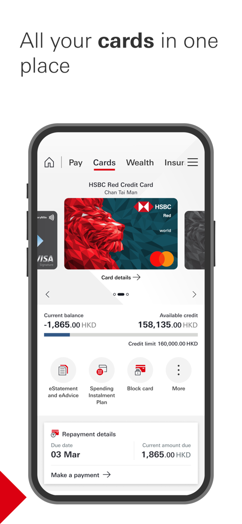 HSBC HK Mobile Banking app screen showing credit card details and payment information