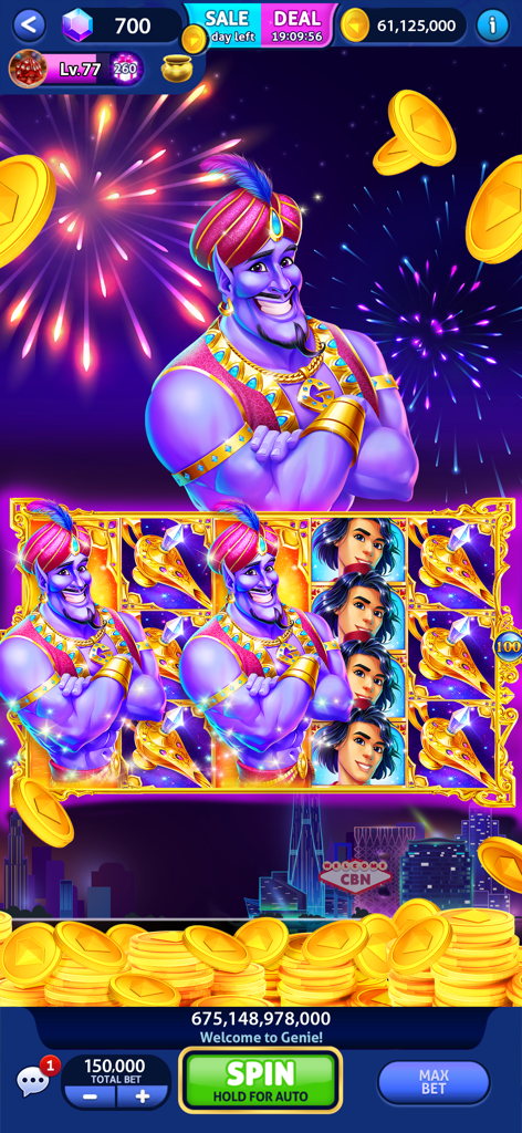 Cash Billionaire casino games - Interfaz de juego de casino Cash Billionaire que muestra la máquina tragamonedas Genie con monedas de oro y fuegos artificiales