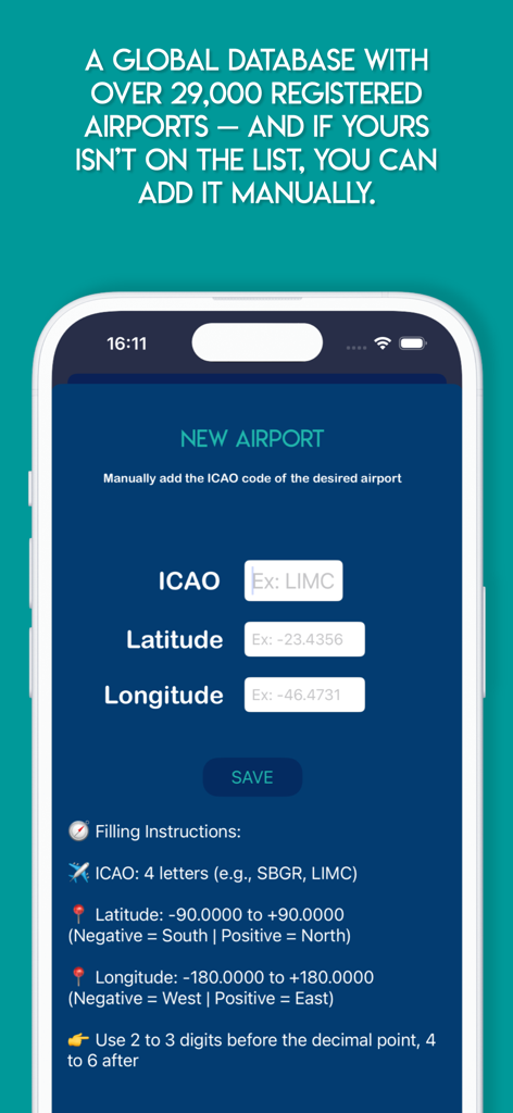 AeroTime Pro - Una pantalla en la aplicación AeroTime Pro para agregar manualmente un nuevo aeropuerto ingresando códigos ICAO y coordenadas geográficas.