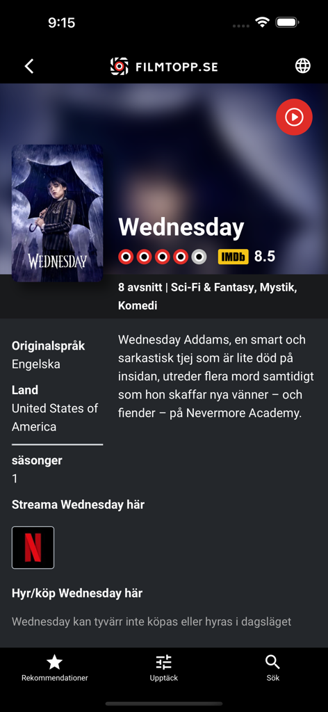 Filmtopp-App-Oberfläche, die Details zur TV-Serie Wednesday mit einem Netflix-Streaminglink anzeigt