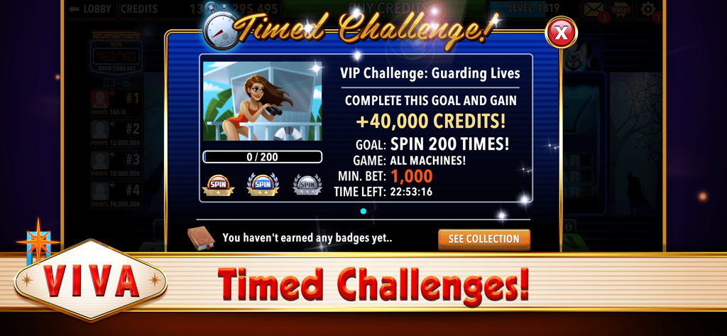Capture d'écran de l'application mobile Viva Slots Vegas montrant une fenêtre de défi VIP chronométré pour gagner 40 000 crédits.