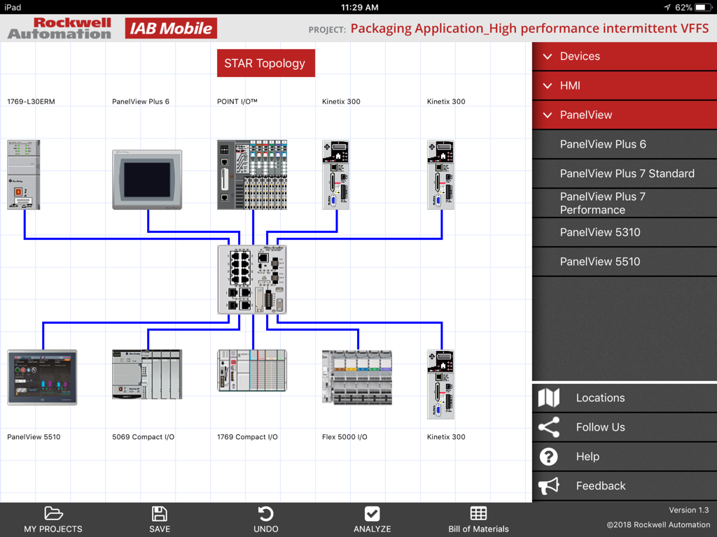 Rockwell Automation IAB Mobile - Applicazione Rockwell Automation IAB Mobile che mostra il progetto di una rete a topologia a stella per un sistema di controllo industriale