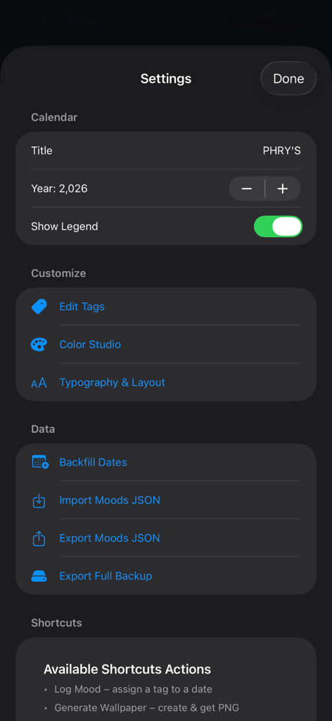 Year Mood Calendar - Settings screen of Year Mood Calendar app showing customization options for colors, typography, and data export features.