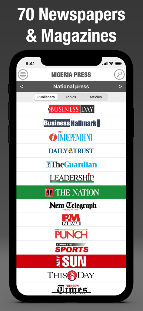 Nigeria Press - A list of various Nigerian national newspaper publishers in the Nigeria Press mobile application interface.