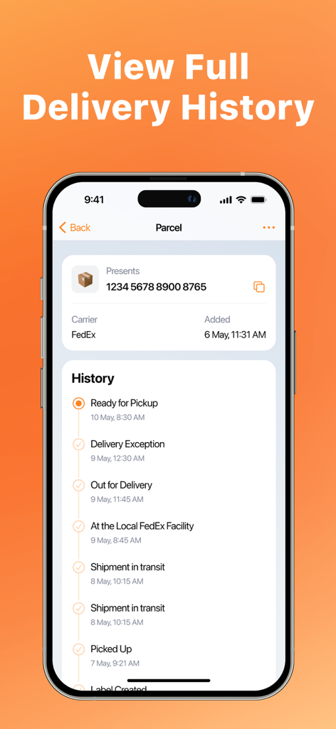 Tracko: Package Tracking App - A mobile screen showing the detailed delivery history and status updates for a FedEx shipment in the Tracko app