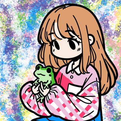 girl with long hair and a oversized shirt. and she is holding a frog