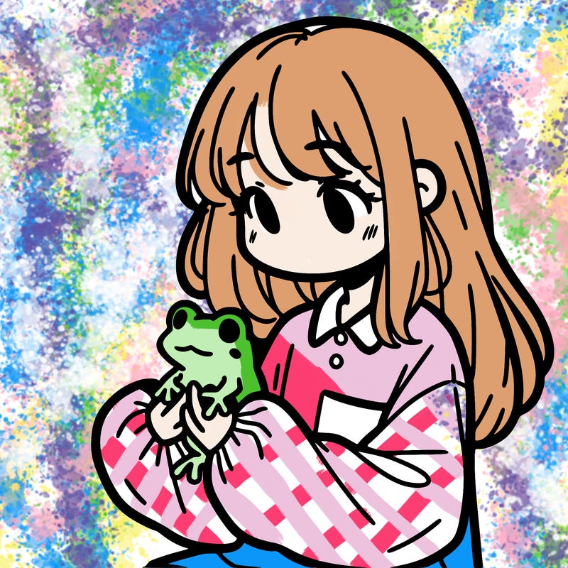 girl with long hair and a oversized shirt. and she is holding a frog