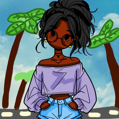 girl with a messy ponytail glasses a baggy crop top and jean shorts