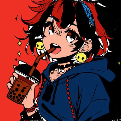 hot baddie anime girl drinking boba and biting the straw