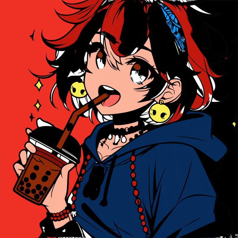 hot baddie anime girl drinking boba and biting the straw