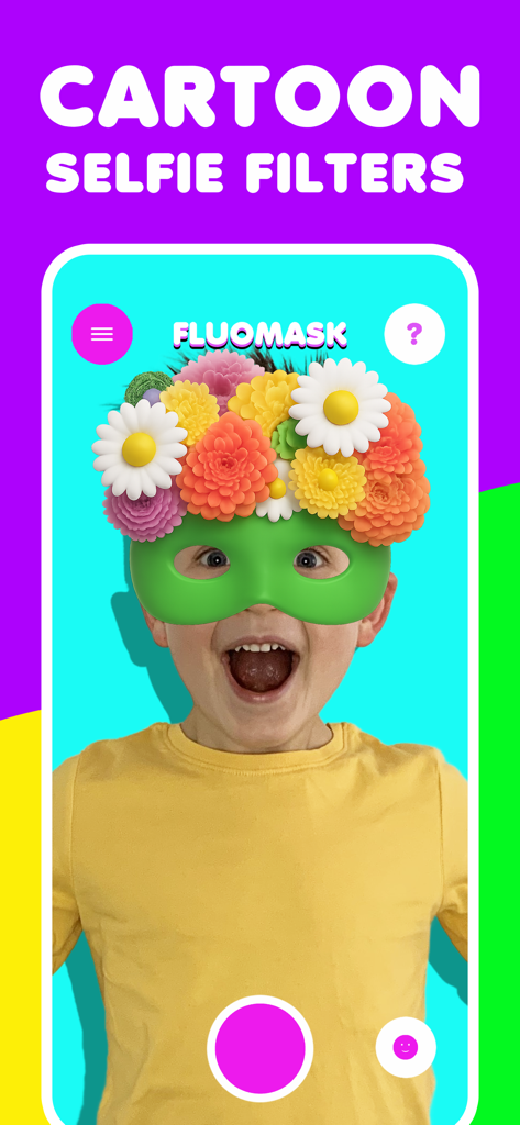 Face filter kids game FluoMask - A young child using a colorful flower crown and green mask AR filter in the FluoMask app