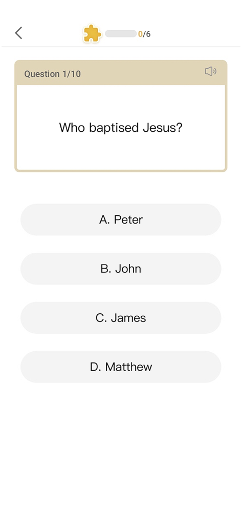 A Bible quiz question screen in the KJV app asking who baptised Jesus with multiple choice options